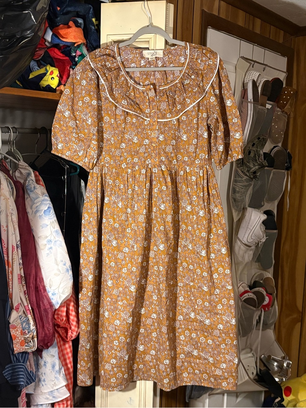 Mustard Floral Midi Dress with Contrast Piping